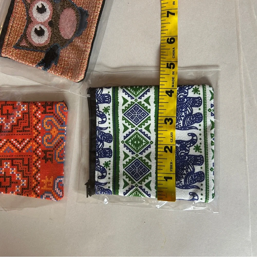 Set of Three Patterned Coin Pouches NIB handmade elephant owls geometric